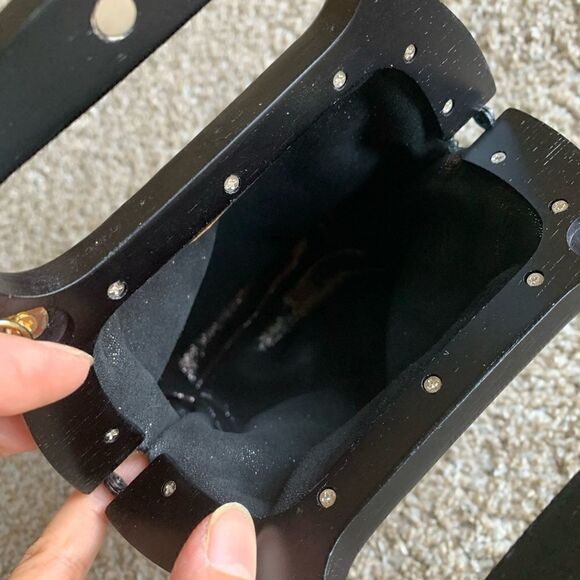 Handmade Genuine Patent Leather Check Print Wooden Frame Pouch/Crossbody - Picture 13 of 16